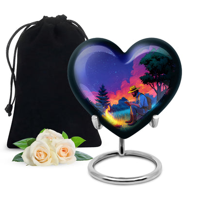 Calming Blue Campfire Cremation Urn detail view - romantic heart urn with campfire motif on aluminum - full-size 10 inch 200 cubic inch adult cremation urn