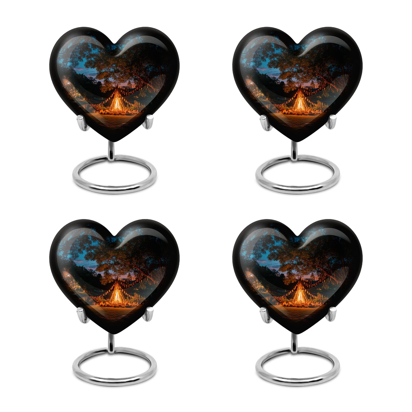Powder Blue Campfire Cremation Urn angled view of lid and engraved motif - loving heart memorial featuring campfire pattern - 10 inch aluminum urn for cremated remains