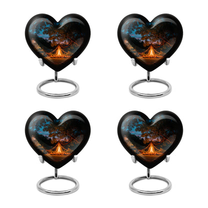 Powder Blue Campfire Cremation Urn angled view of lid and engraved motif - loving heart memorial featuring campfire pattern - 10 inch aluminum urn for cremated remains