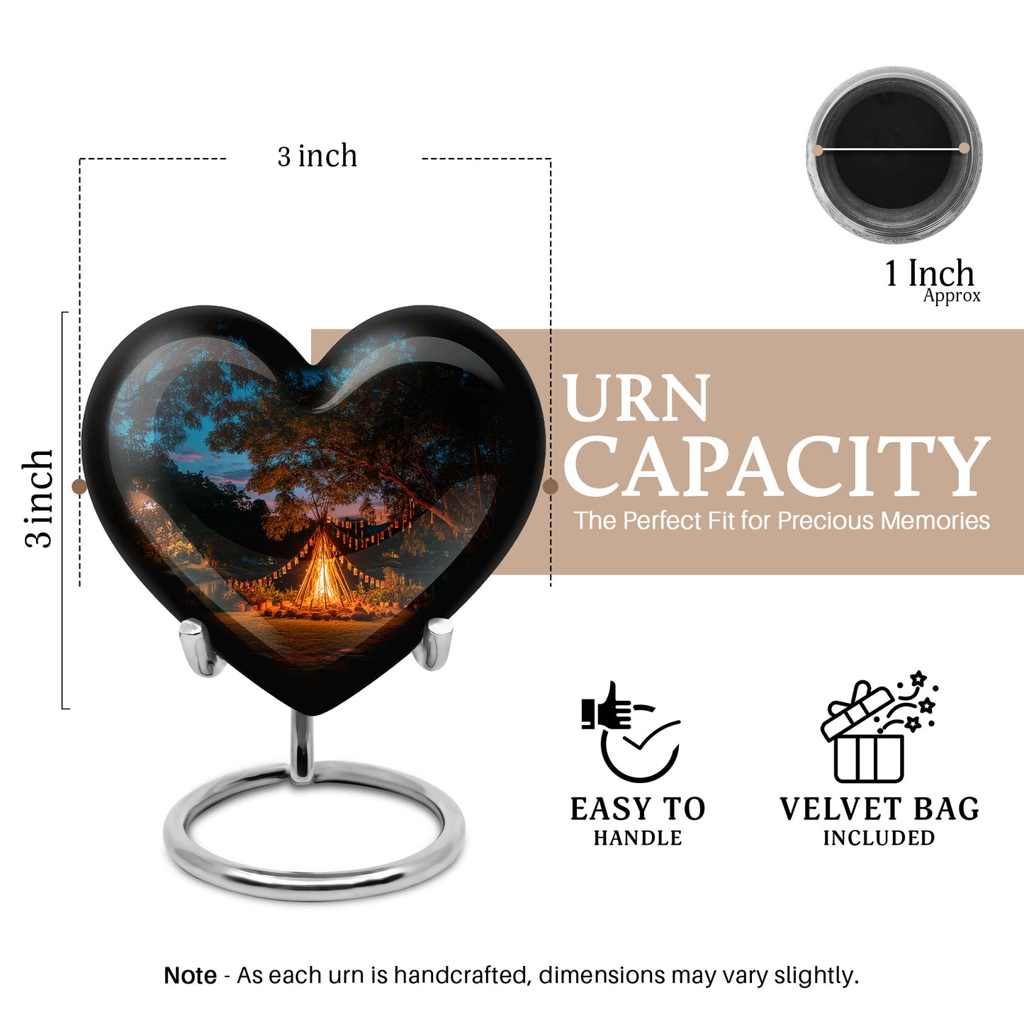 Calming Blue Campfire Cremation Urn front view showing detailed design - romantic heart urn with campfire motif on aluminum - mini keepsake memorial for portion of cremation ashes