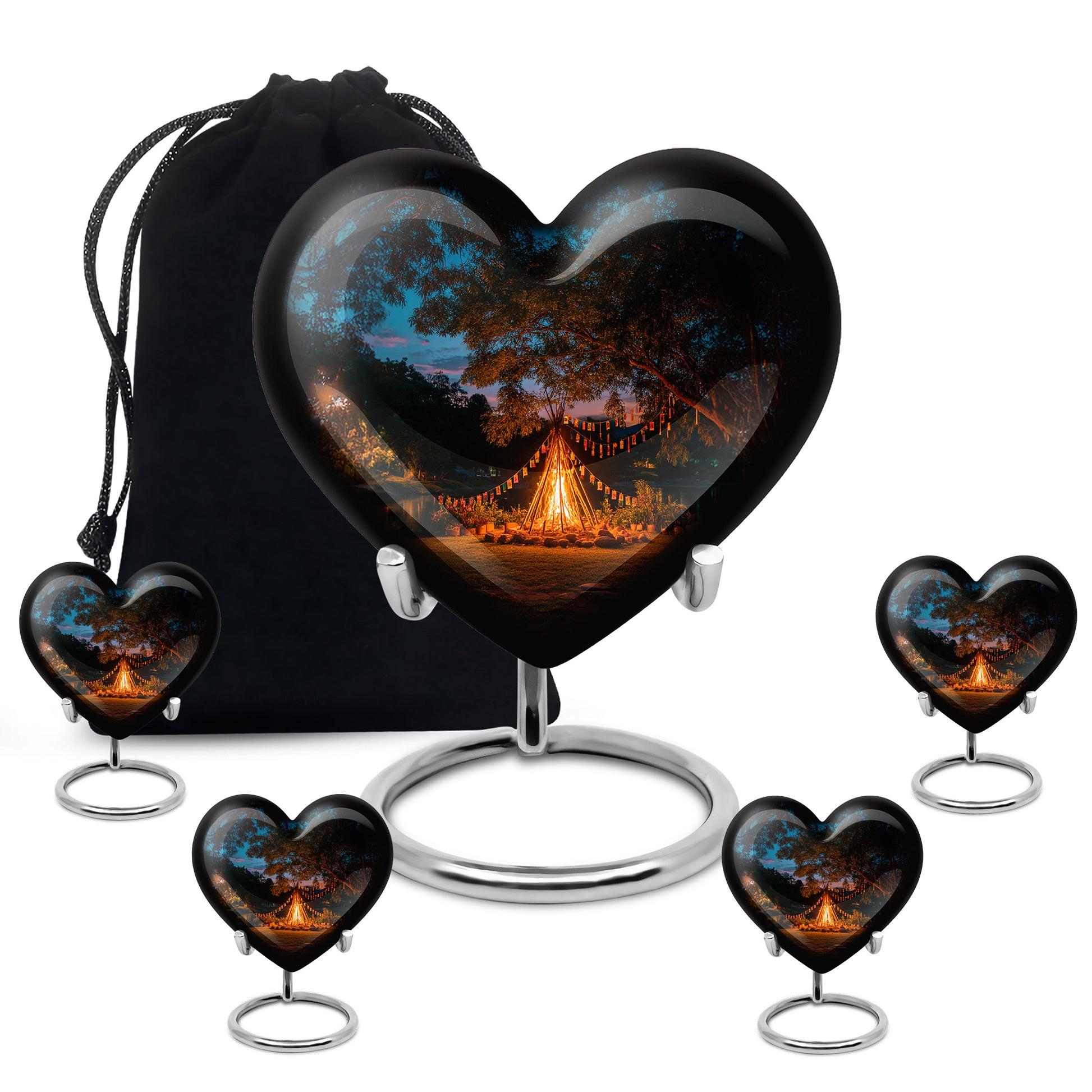 Sapphire Blue Campfire Cremation Urn close-up of engraving and surface detail - compassionate heart-campfire combination with gentle curves - memorial set with one large and four small urns