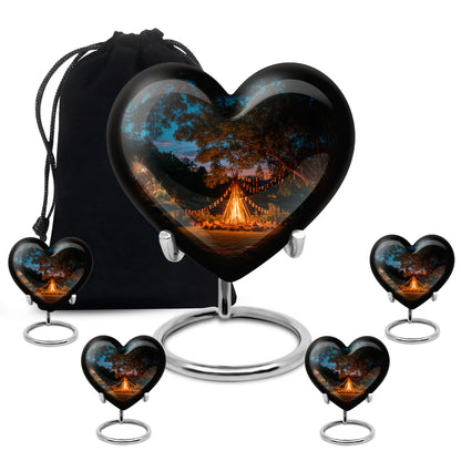 Sapphire Blue Campfire Cremation Urn close-up of engraving and surface detail - compassionate heart-campfire combination with gentle curves - memorial set with one large and four small urns