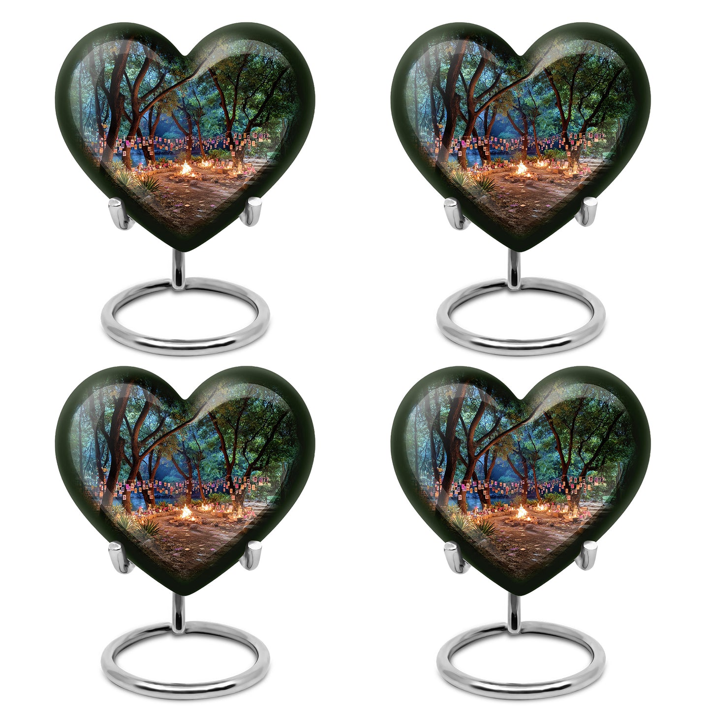 Dark Black Campfire Cremation Urn angled view of lid and engraved motif - romantic heart urn with campfire motif on aluminum - 10 inch aluminum urn for cremated remains
