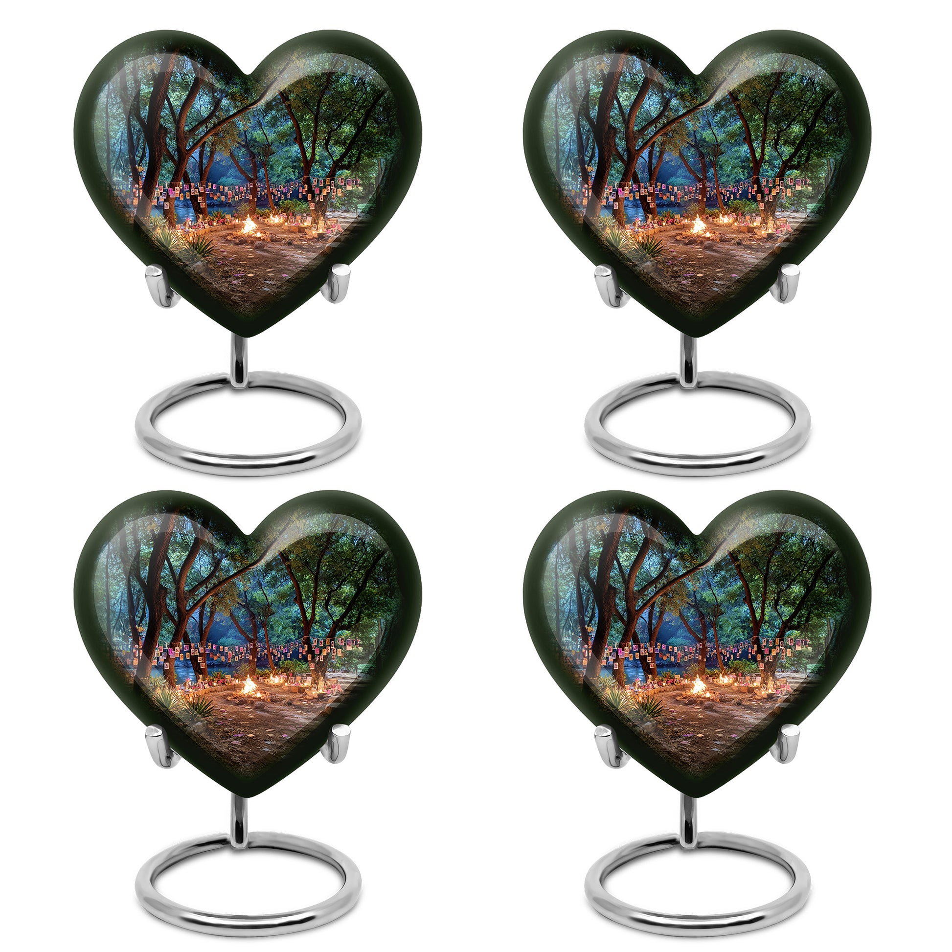 Dark Black Campfire Cremation Urn angled view of lid and engraved motif - romantic heart urn with campfire motif on aluminum - 10 inch aluminum urn for cremated remains