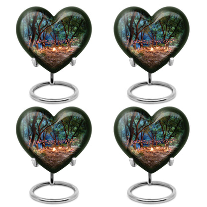 Dark Black Campfire Cremation Urn angled view of lid and engraved motif - romantic heart urn with campfire motif on aluminum - 10 inch aluminum urn for cremated remains