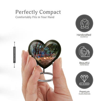 Obsidian Black Campfire Cremation Urn front view showing detailed design - compassionate heart-campfire combination with gentle curves - mini keepsake memorial for portion of cremation ashes