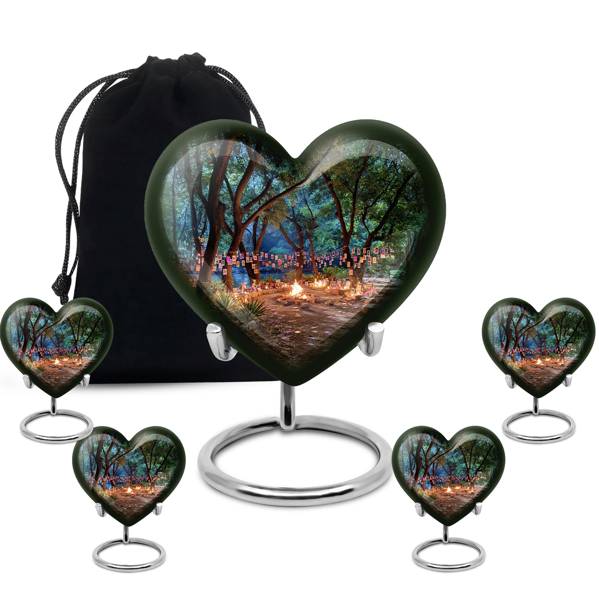 Rich Black Campfire Cremation Urn close-up of engraving and surface detail - loving heart memorial featuring campfire pattern - memorial set with one large and four small urns