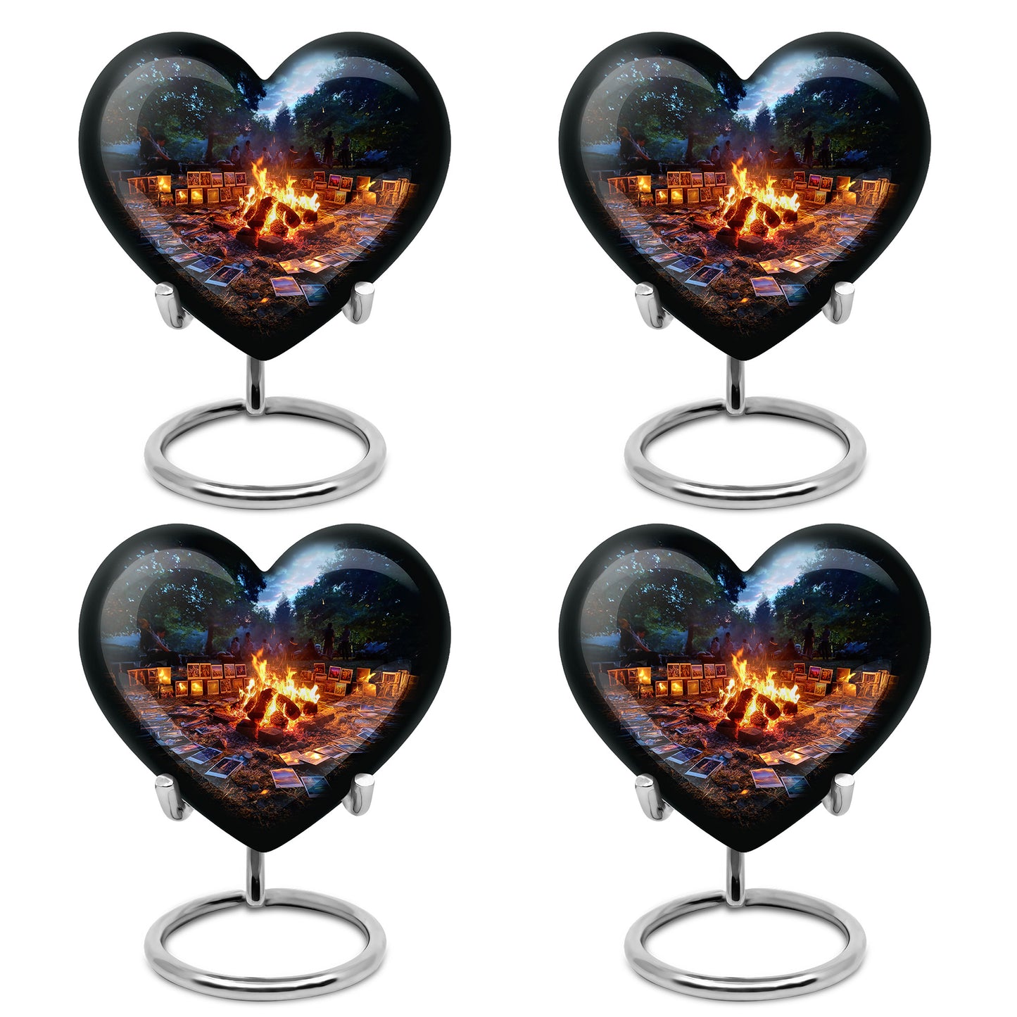 Vivid Blue Campfire Cremation Urn angled view of lid and engraved motif - romantic heart urn with campfire motif on aluminum - 10 inch aluminum urn for cremated remains