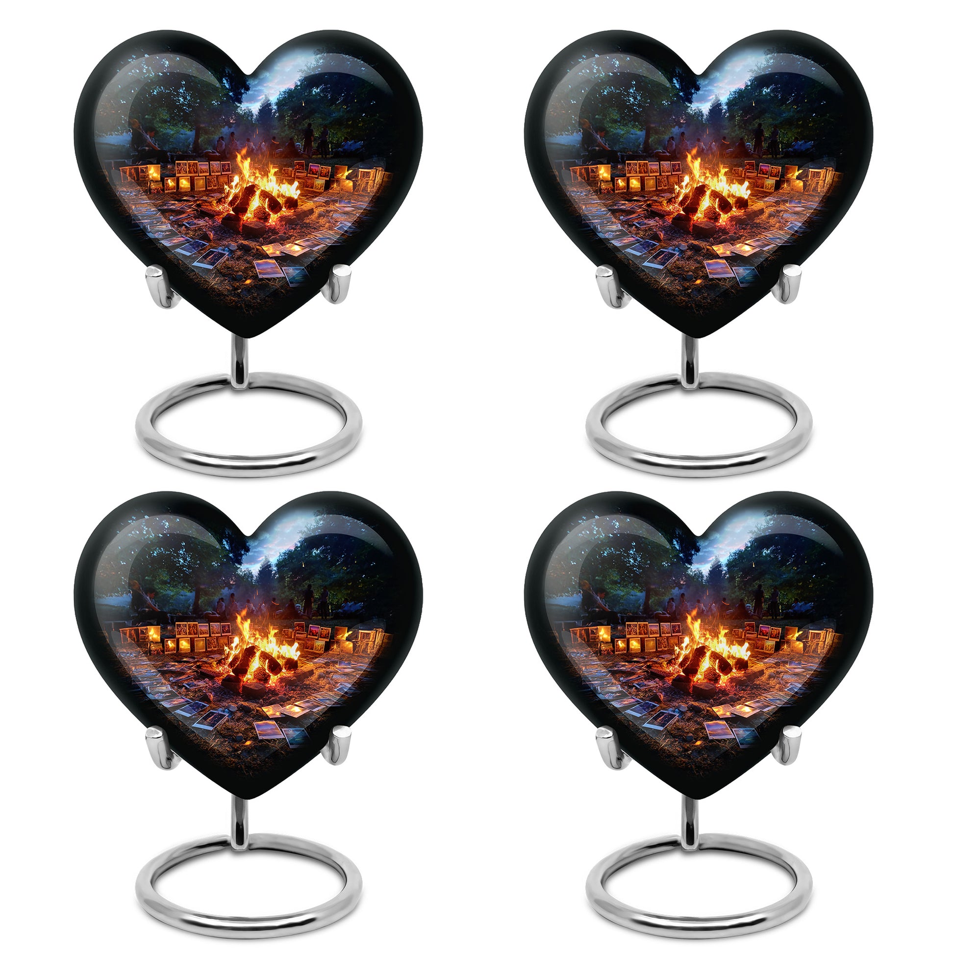 Vivid Blue Campfire Cremation Urn angled view of lid and engraved motif - romantic heart urn with campfire motif on aluminum - 10 inch aluminum urn for cremated remains
