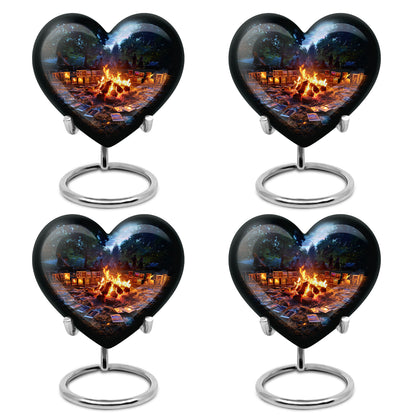 Vivid Blue Campfire Cremation Urn angled view of lid and engraved motif - romantic heart urn with campfire motif on aluminum - 10 inch aluminum urn for cremated remains