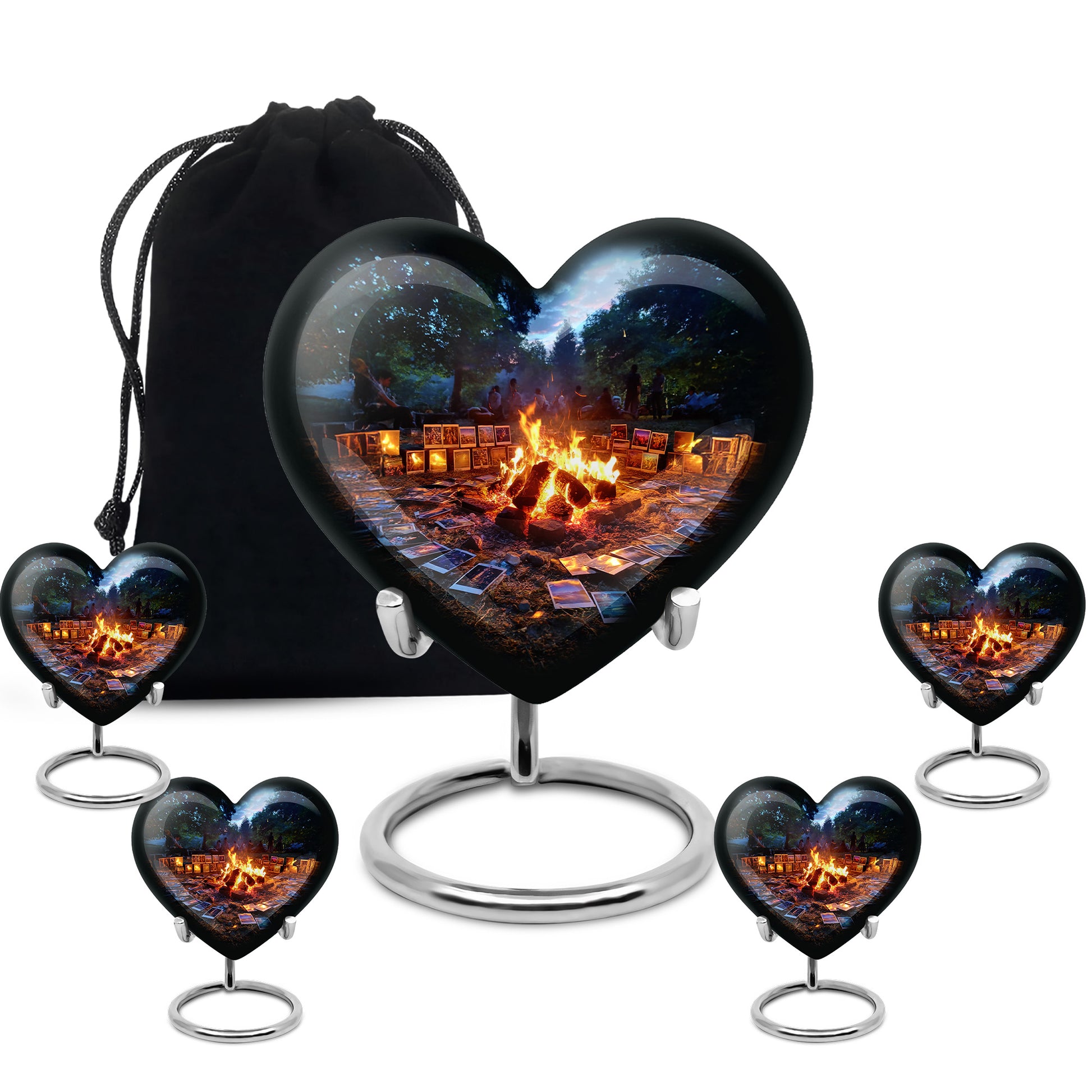 Twilight Blue Campfire Cremation Urn close-up of engraving and surface detail - romantic heart urn with campfire motif on aluminum - memorial set with one large and four small urns
