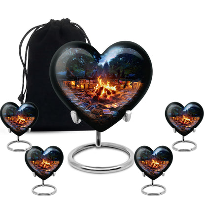 Twilight Blue Campfire Cremation Urn close-up of engraving and surface detail - romantic heart urn with campfire motif on aluminum - memorial set with one large and four small urns