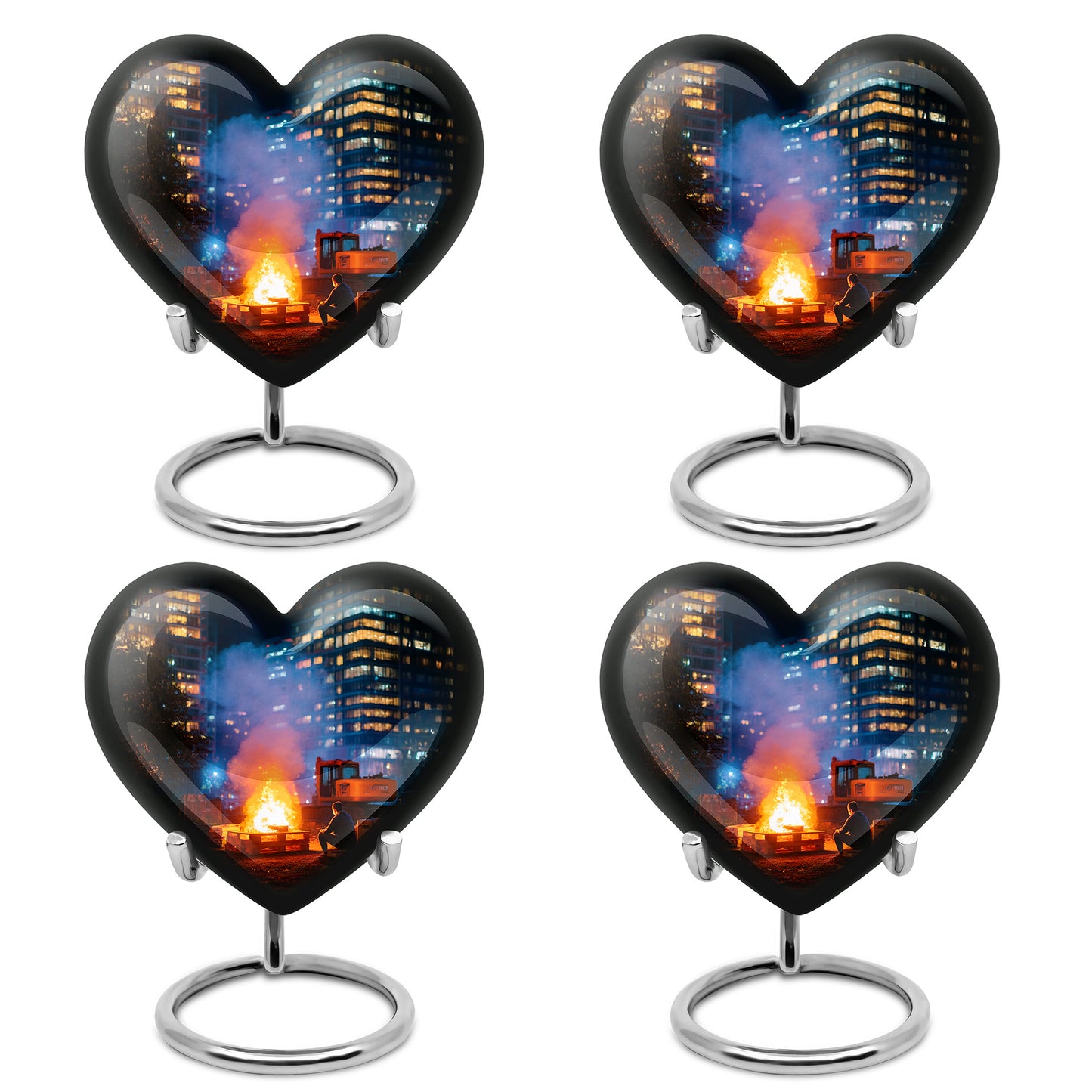 Obsidian Black Campfire Cremation Urn angled view of lid and engraved motif - compassionate heart-campfire combination with gentle curves - 10 inch aluminum urn for cremated remains