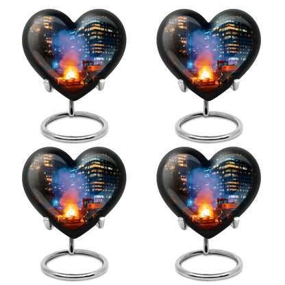 Obsidian Black Campfire Cremation Urn angled view of lid and engraved motif - compassionate heart-campfire combination with gentle curves - 10 inch aluminum urn for cremated remains