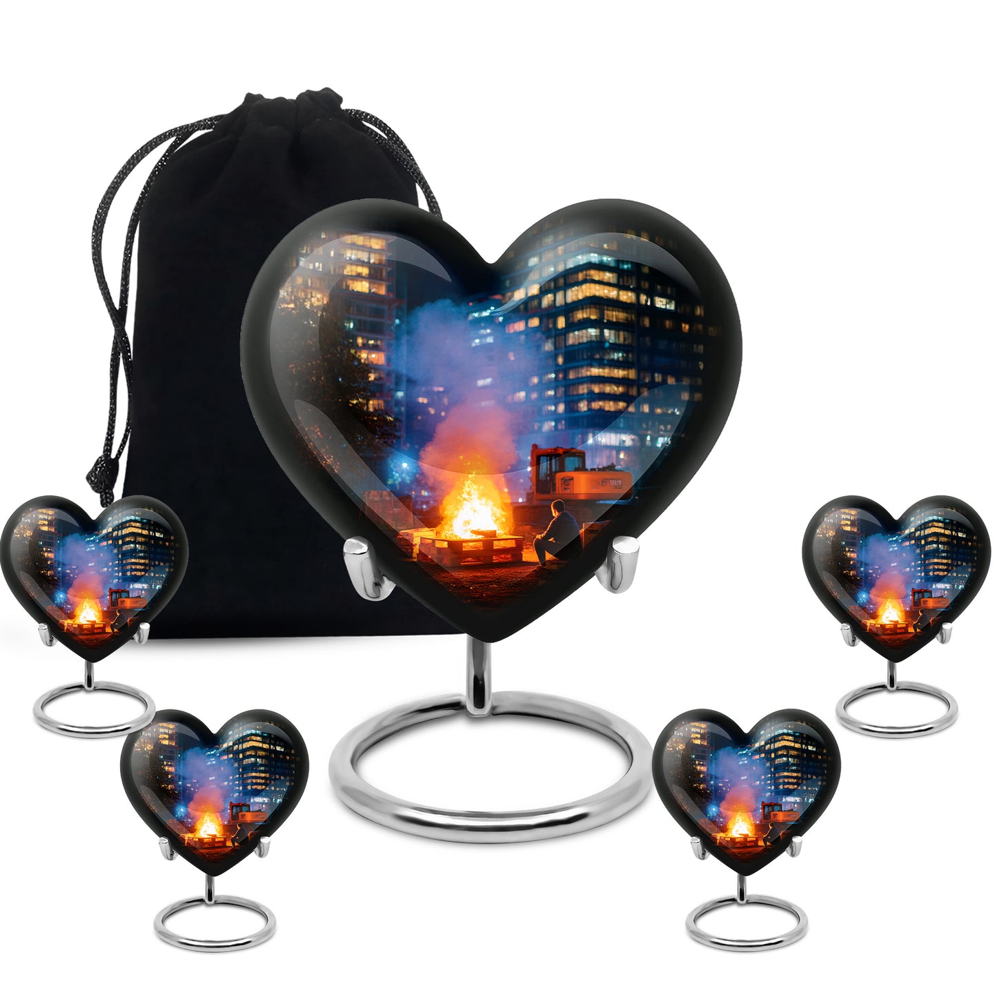Glossy Black Campfire Cremation Urn close-up of engraving and surface detail - loving heart memorial featuring campfire pattern - memorial set with one large and four small urns