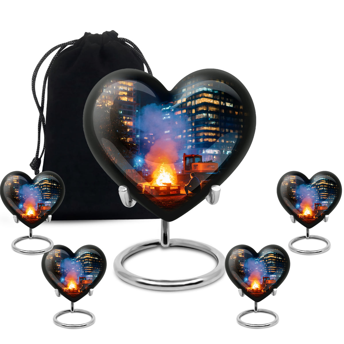 Glossy Black Campfire Cremation Urn close-up of engraving and surface detail - loving heart memorial featuring campfire pattern - memorial set with one large and four small urns