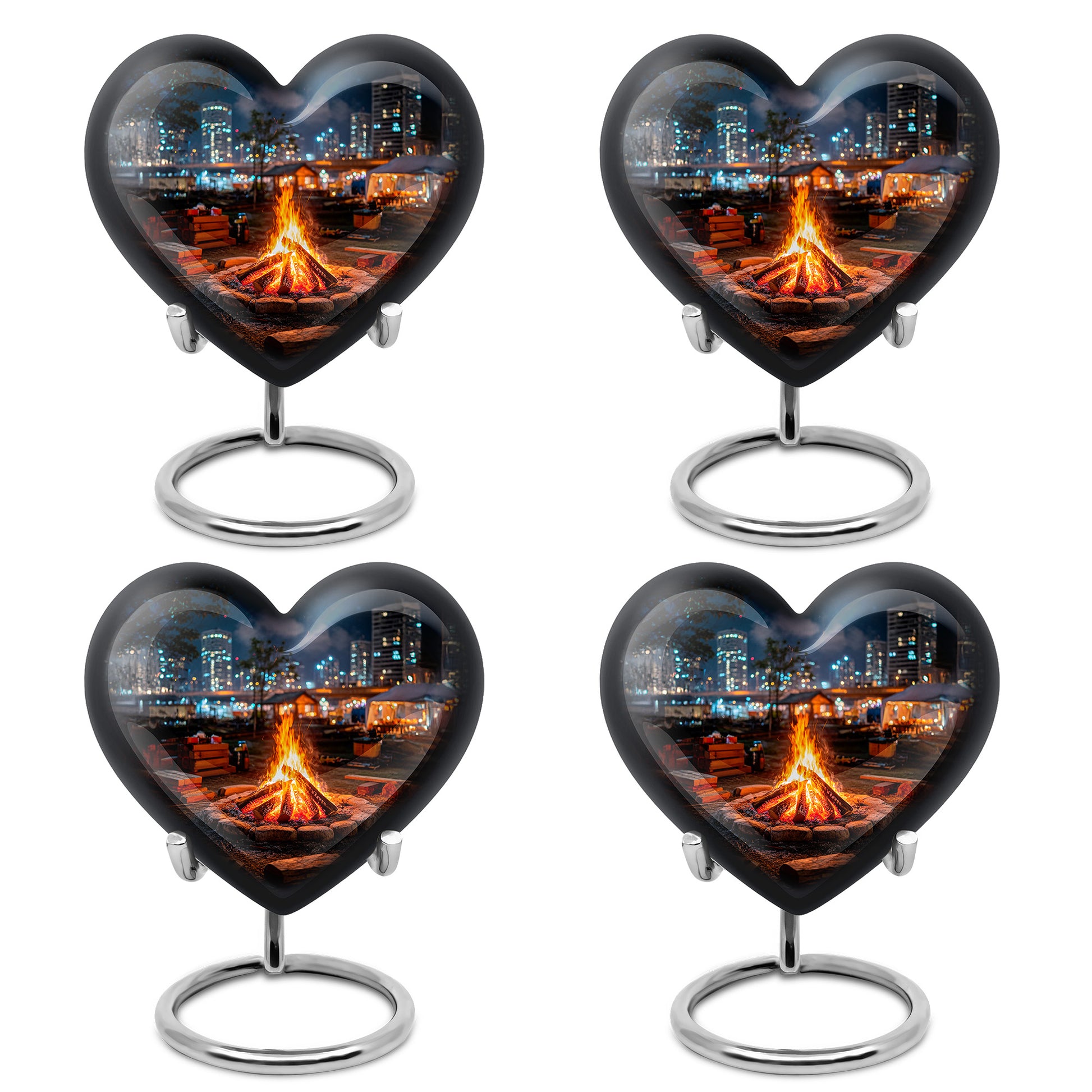 Deep Black Campfire Cremation Urn angled view of lid and engraved motif - loving heart memorial featuring campfire pattern - 10 inch aluminum urn for cremated remains