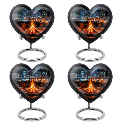 Deep Black Campfire Cremation Urn angled view of lid and engraved motif - loving heart memorial featuring campfire pattern - 10 inch aluminum urn for cremated remains