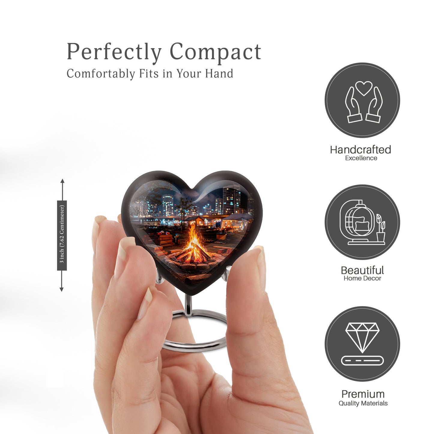 Rich Black Campfire Cremation Urn front view showing detailed design - loving heart memorial featuring campfire pattern - mini keepsake memorial for portion of cremation ashes