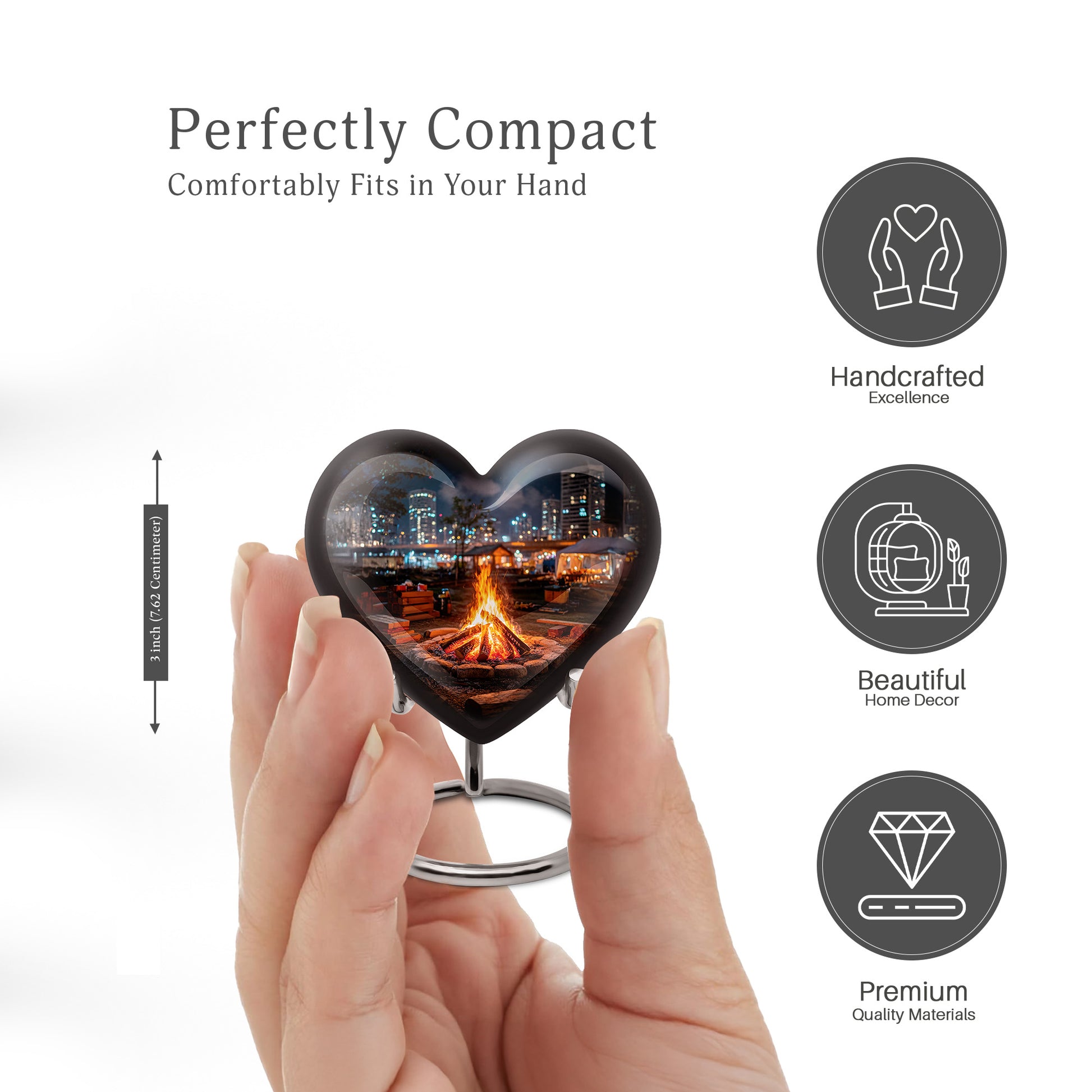 Rich Black Campfire Cremation Urn front view showing detailed design - loving heart memorial featuring campfire pattern - mini keepsake memorial for portion of cremation ashes