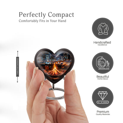Rich Black Campfire Cremation Urn front view showing detailed design - loving heart memorial featuring campfire pattern - mini keepsake memorial for portion of cremation ashes