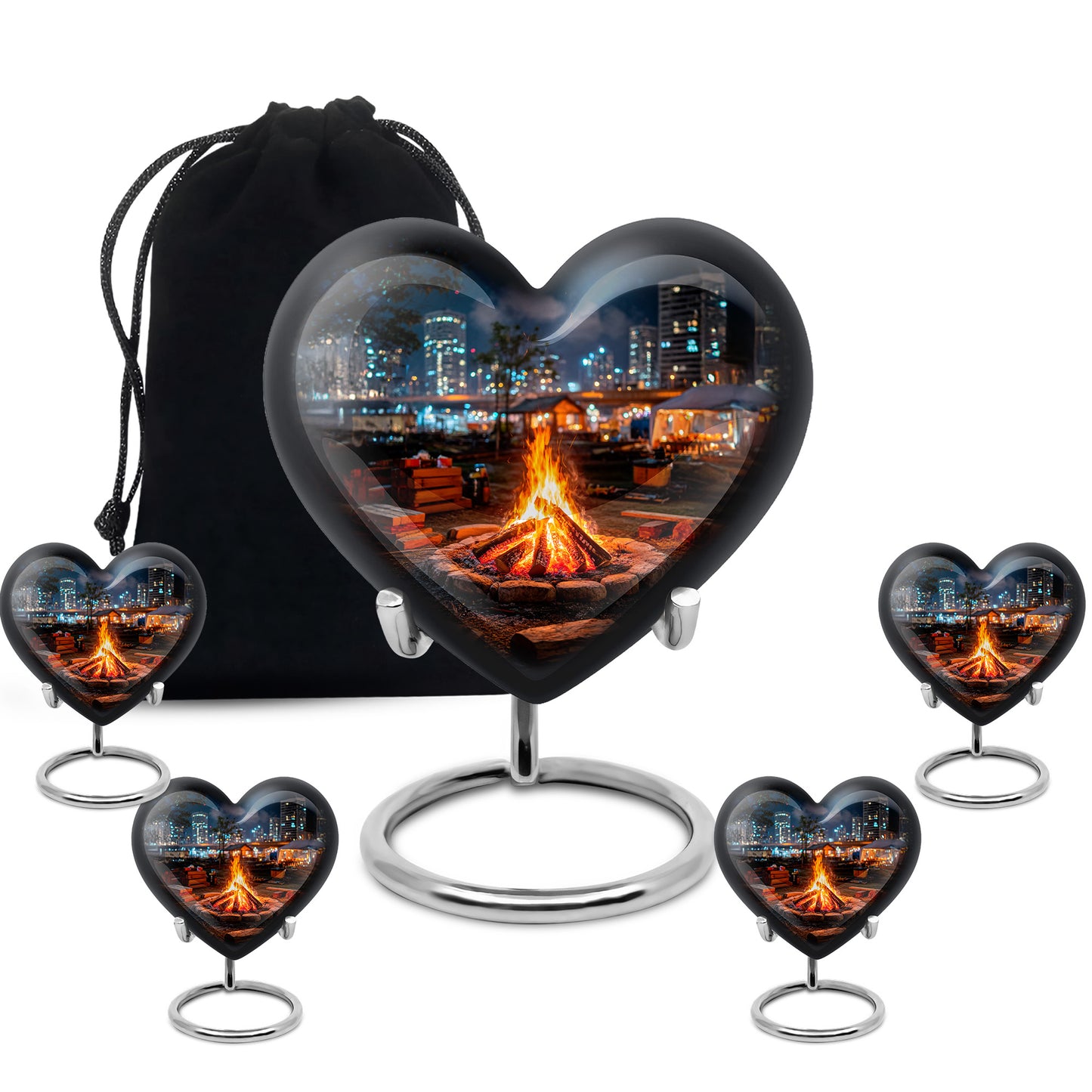 Dark Black Campfire Cremation Urn close-up of engraving and surface detail - romantic heart urn with campfire motif on aluminum - memorial set with one large and four small urns