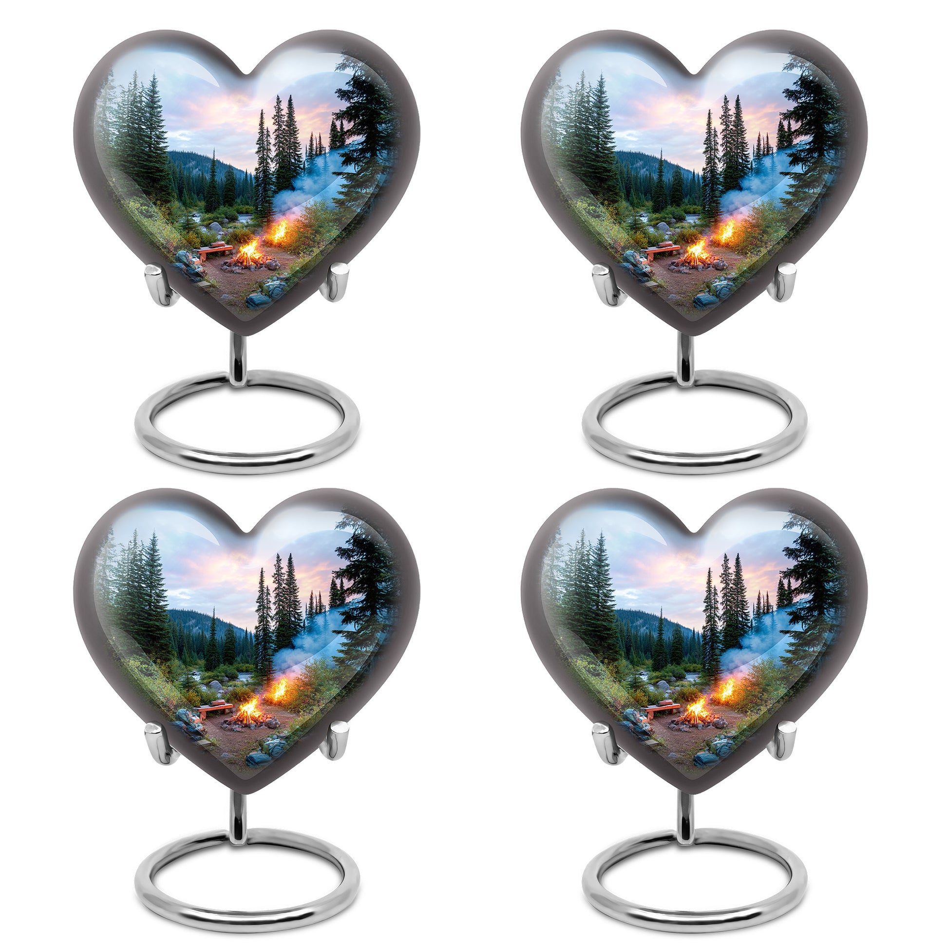 Slate Blue Campfire Cremation Urn angled view of lid and engraved motif - heart-shaped campfire design symbolizing eternal love - 10 inch aluminum urn for cremated remains