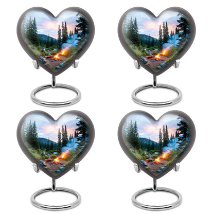 Slate Blue Campfire Cremation Urn angled view of lid and engraved motif - heart-shaped campfire design symbolizing eternal love - 10 inch aluminum urn for cremated remains