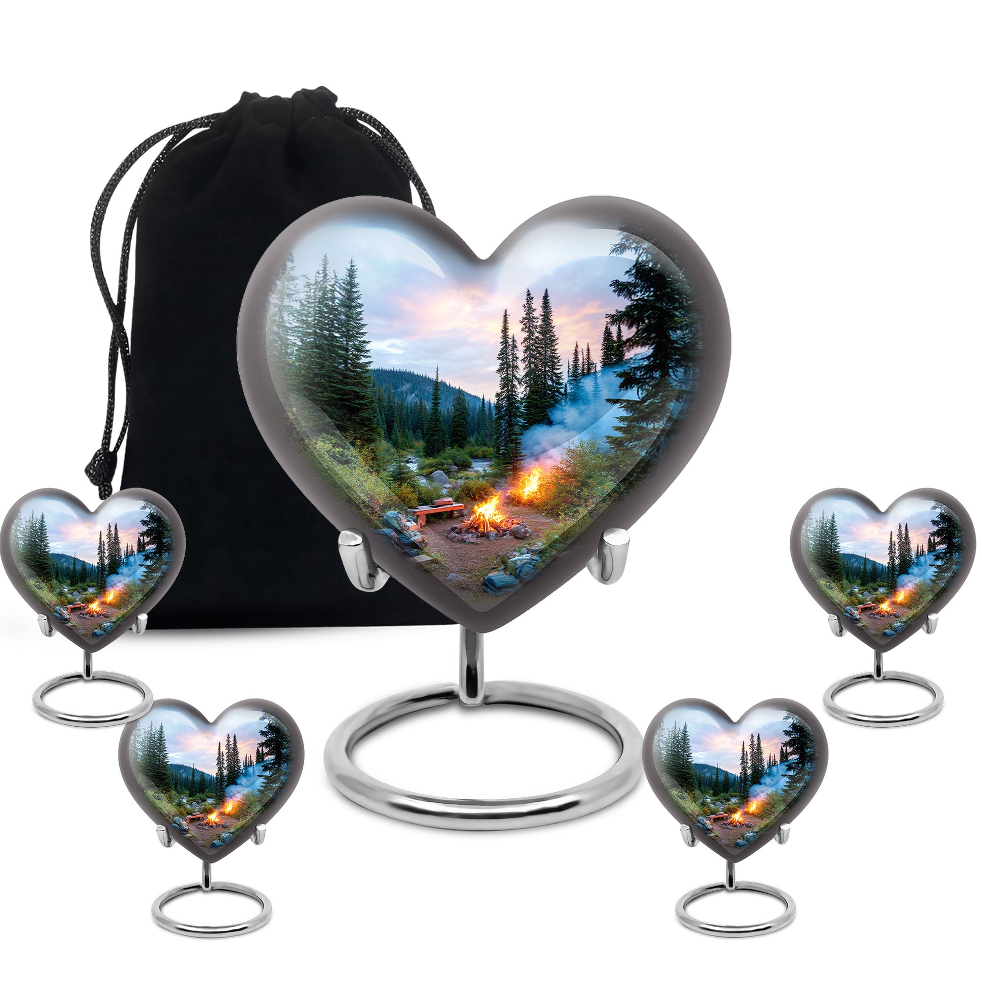 Serene Blue Campfire Cremation Urn close-up of engraving and surface detail - compassionate heart-campfire combination with gentle curves - memorial set with one large and four small urns