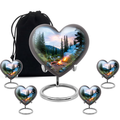 Serene Blue Campfire Cremation Urn close-up of engraving and surface detail - compassionate heart-campfire combination with gentle curves - memorial set with one large and four small urns