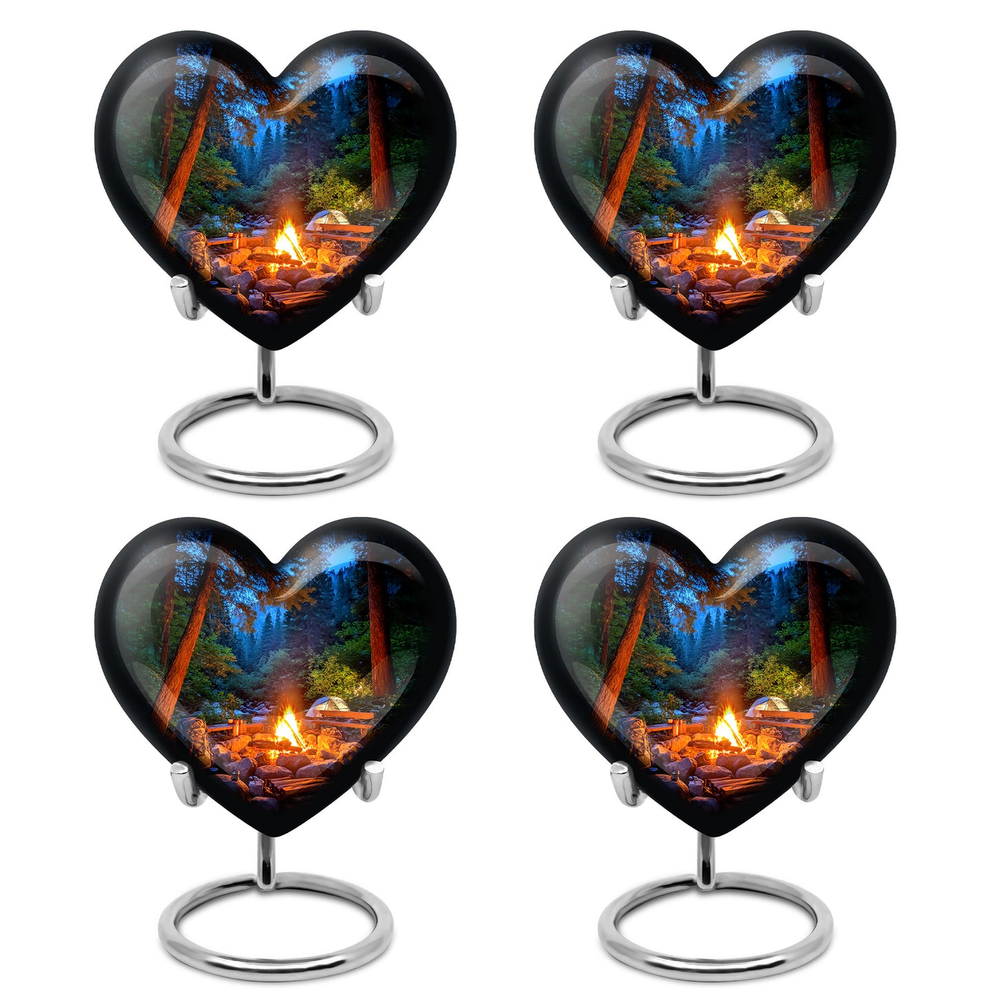 Sky Blue Campfire Cremation Urn angled view of lid and engraved motif - heart-shaped campfire design symbolizing eternal love - 10 inch aluminum urn for cremated remains