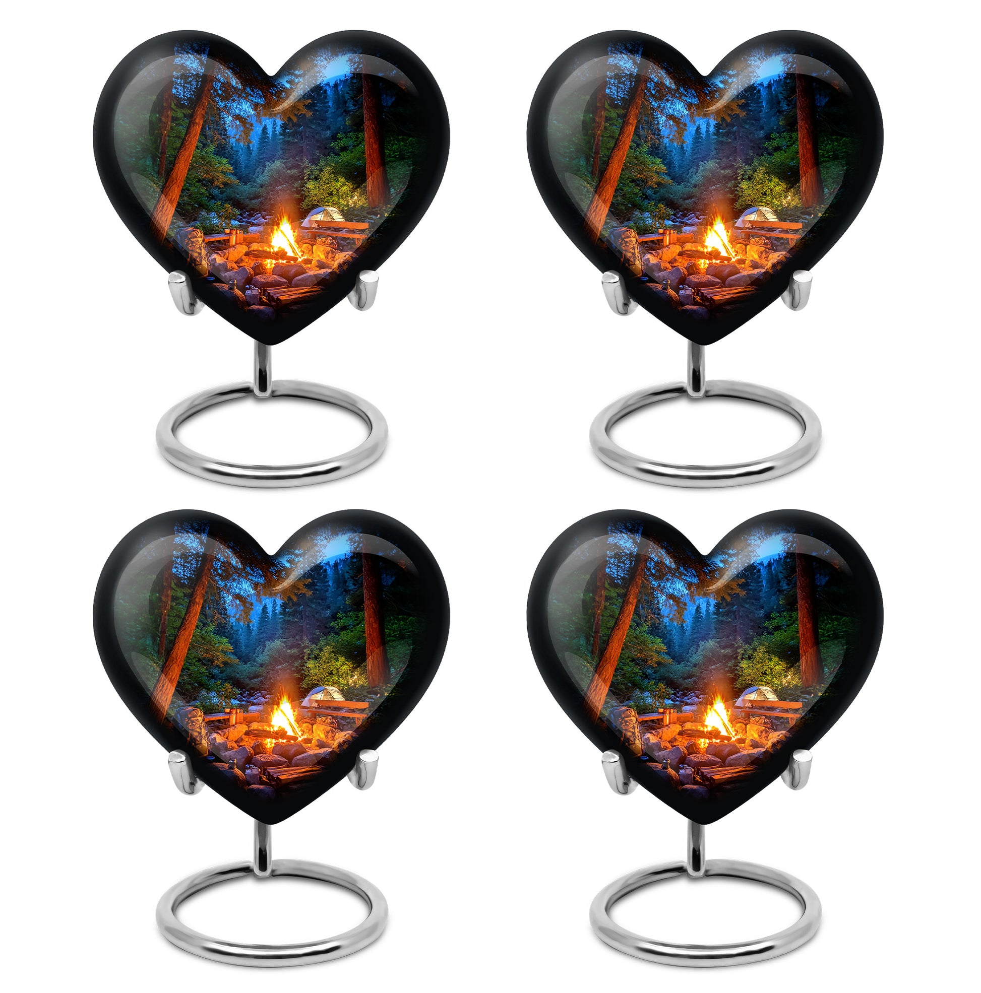 Sky Blue Campfire Cremation Urn angled view of lid and engraved motif - heart-shaped campfire design symbolizing eternal love - 10 inch aluminum urn for cremated remains
