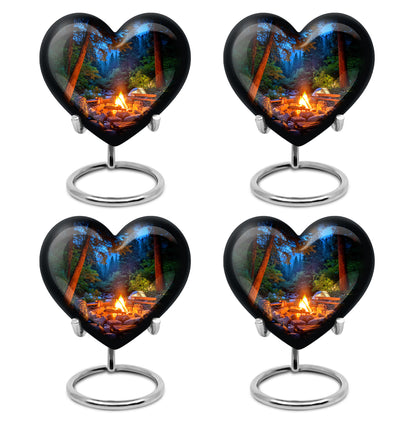 Sky Blue Campfire Cremation Urn angled view of lid and engraved motif - heart-shaped campfire design symbolizing eternal love - 10 inch aluminum urn for cremated remains