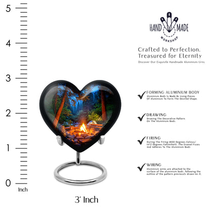 Slate Blue Campfire Cremation Urn front view showing detailed design - loving heart memorial featuring campfire pattern - mini keepsake memorial for portion of cremation ashes