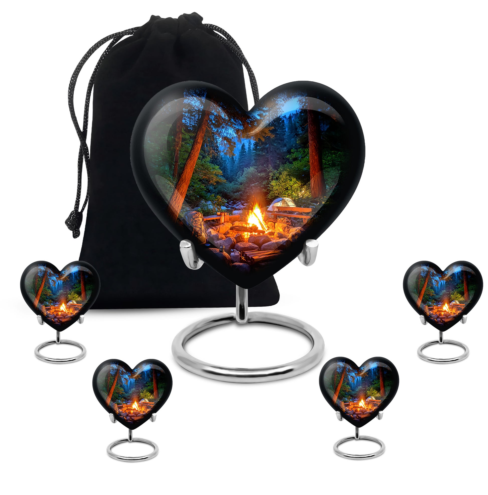 Misty Blue Campfire Cremation Urn close-up of engraving and surface detail - loving heart memorial featuring campfire pattern - memorial set with one large and four small urns