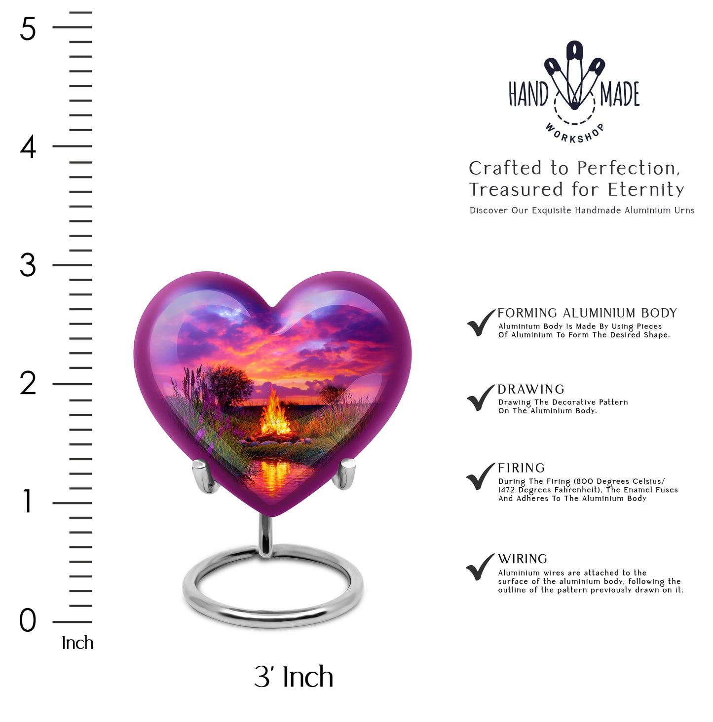 Bright Blue Campfire Cremation Urn front view showing detailed design - romantic heart urn with campfire motif on aluminum - mini keepsake memorial for portion of cremation ashes