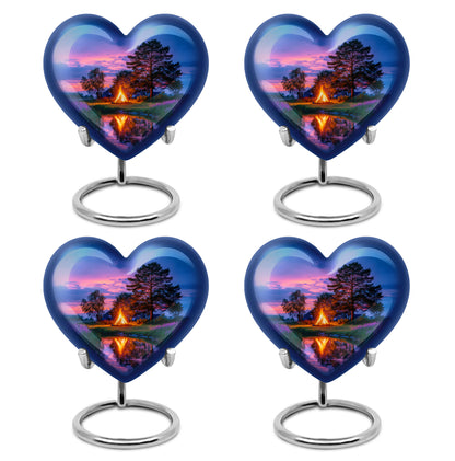Bright Blue Campfire Cremation Urn angled view of lid and engraved motif - romantic heart urn with campfire motif on aluminum - 10 inch aluminum urn for cremated remains