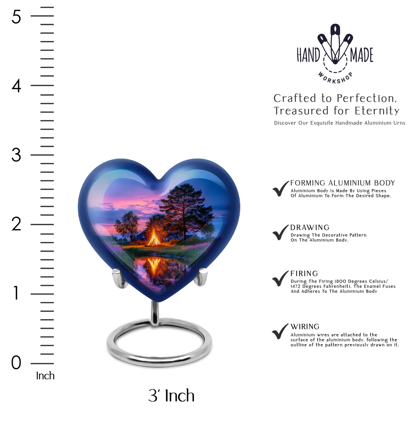 Navy Blue Campfire Cremation Urn front view showing detailed design - heart-shaped campfire design symbolizing eternal love - mini keepsake memorial for portion of cremation ashes