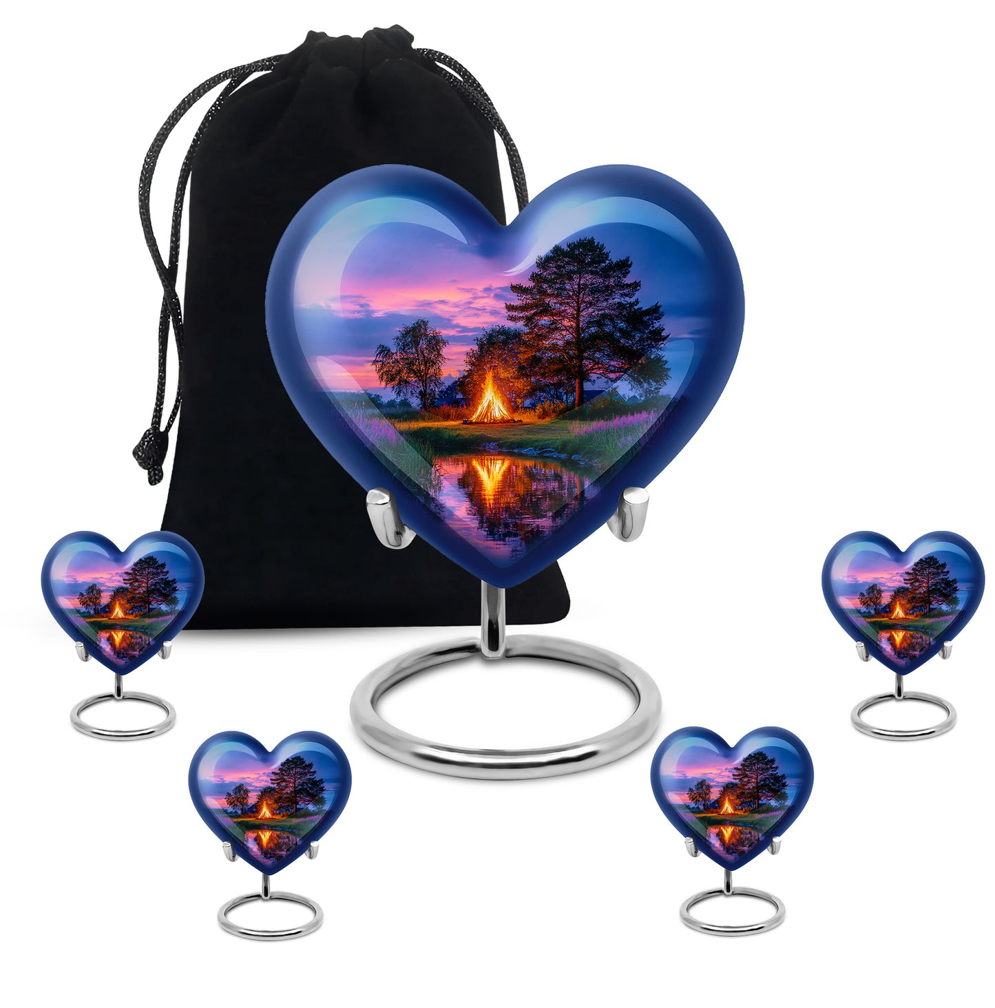 Steel Blue Campfire Cremation Urn close-up of engraving and surface detail - compassionate heart-campfire combination with gentle curves - memorial set with one large and four small urns