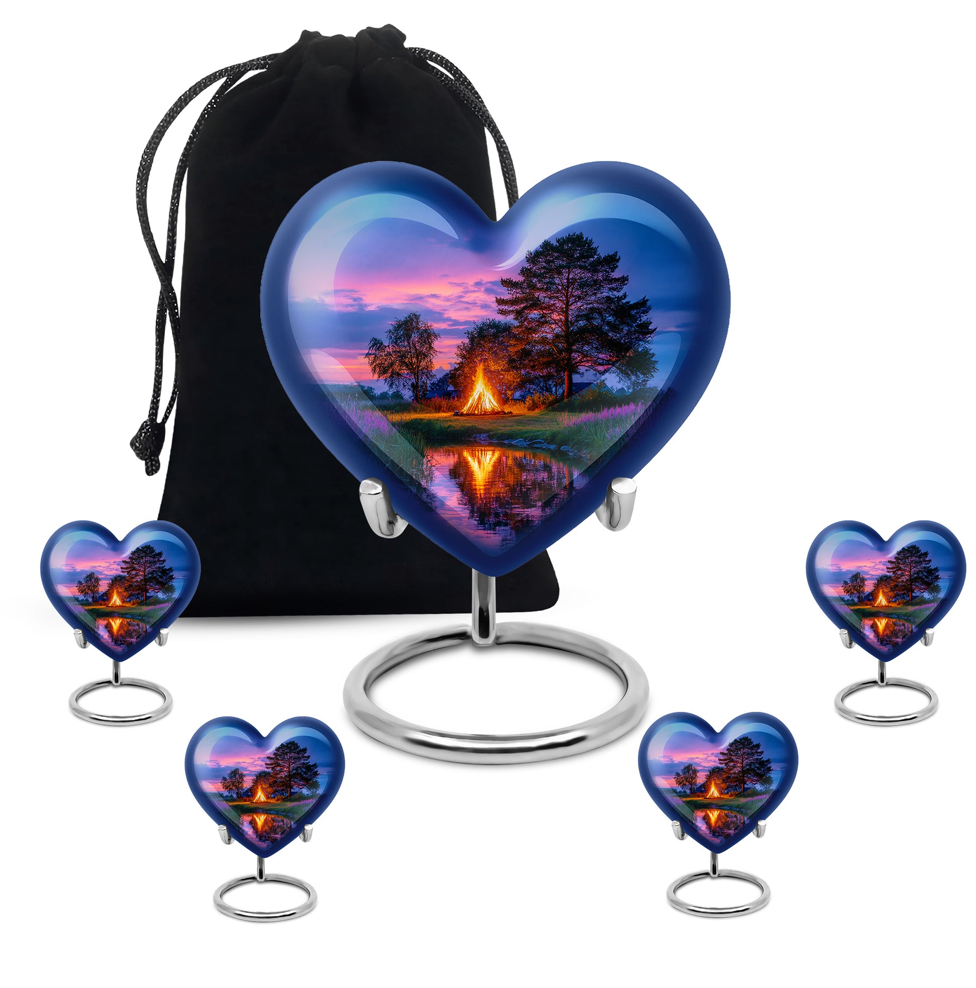 Steel Blue Campfire Cremation Urn close-up of engraving and surface detail - compassionate heart-campfire combination with gentle curves - memorial set with one large and four small urns