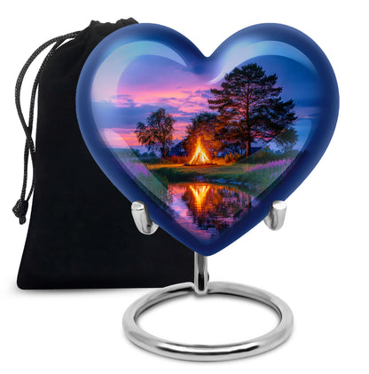 Icy Blue Campfire Cremation Urn detail view - loving heart memorial featuring campfire pattern - full-size 10 inch 200 cubic inch adult cremation urn