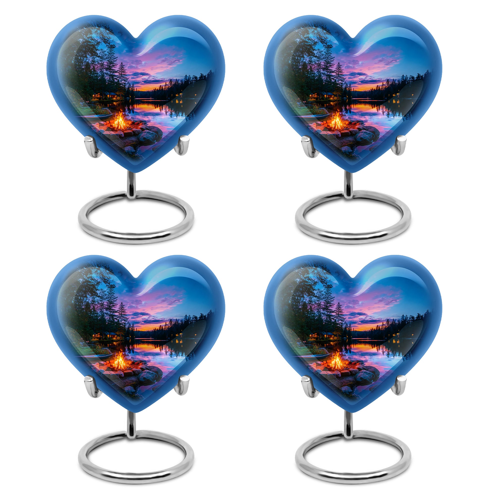 Bright Blue Campfire Cremation Urn angled view of lid and engraved motif - compassionate heart-campfire combination with gentle curves - 10 inch aluminum urn for cremated remains