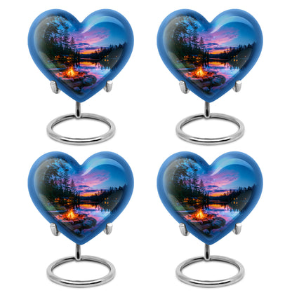 Bright Blue Campfire Cremation Urn angled view of lid and engraved motif - compassionate heart-campfire combination with gentle curves - 10 inch aluminum urn for cremated remains