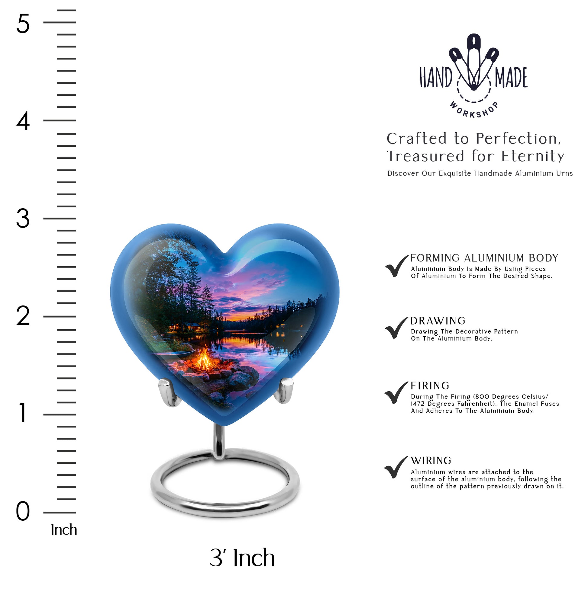 Serene Blue Campfire Cremation Urn front view showing detailed design - romantic heart urn with campfire motif on aluminum - mini keepsake memorial for portion of cremation ashes