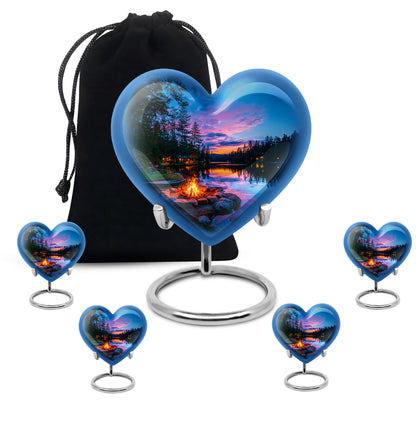 Azure Campfire Cremation Urn close-up of engraving and surface detail - loving heart memorial featuring campfire pattern - memorial set with one large and four small urns