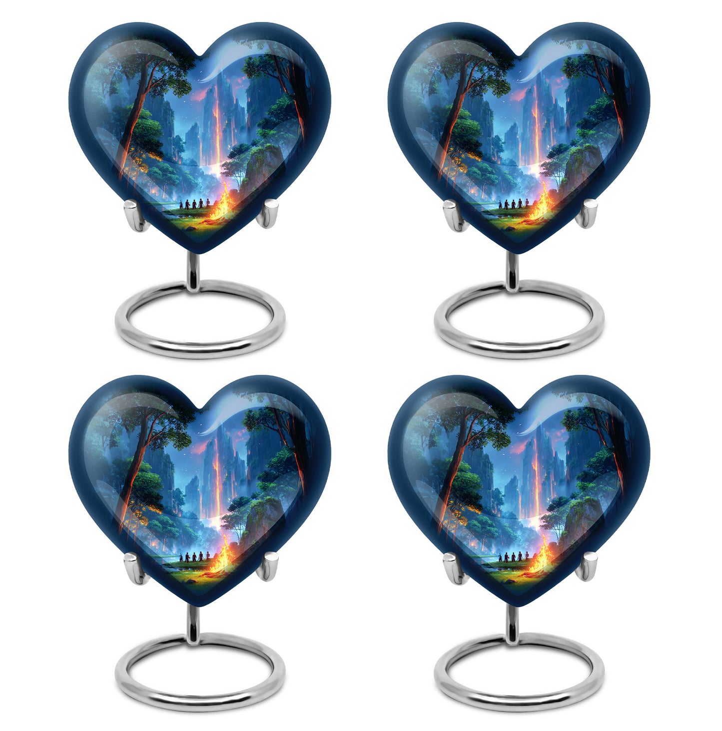 Vivid Blue Campfire Cremation Urn angled view of lid and engraved motif - compassionate heart-campfire combination with gentle curves - 10 inch aluminum urn for cremated remains