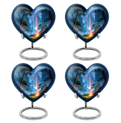 Vivid Blue Campfire Cremation Urn angled view of lid and engraved motif - compassionate heart-campfire combination with gentle curves - 10 inch aluminum urn for cremated remains