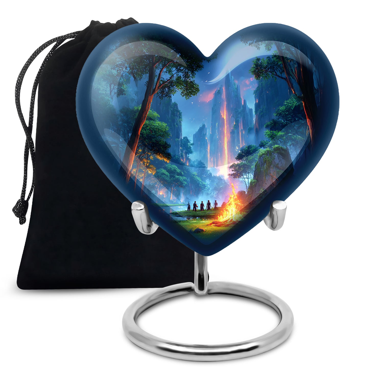 Pastel Blue Campfire Cremation Urn detail view - heart-shaped campfire design symbolizing eternal love - full-size 10 inch 200 cubic inch adult cremation urn