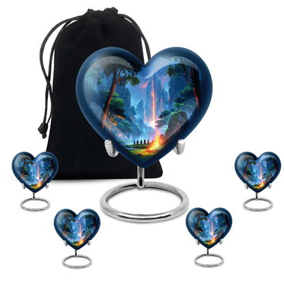 Cobalt Blue Campfire Cremation Urn close-up of engraving and surface detail - romantic heart urn with campfire motif on aluminum - memorial set with one large and four small urns