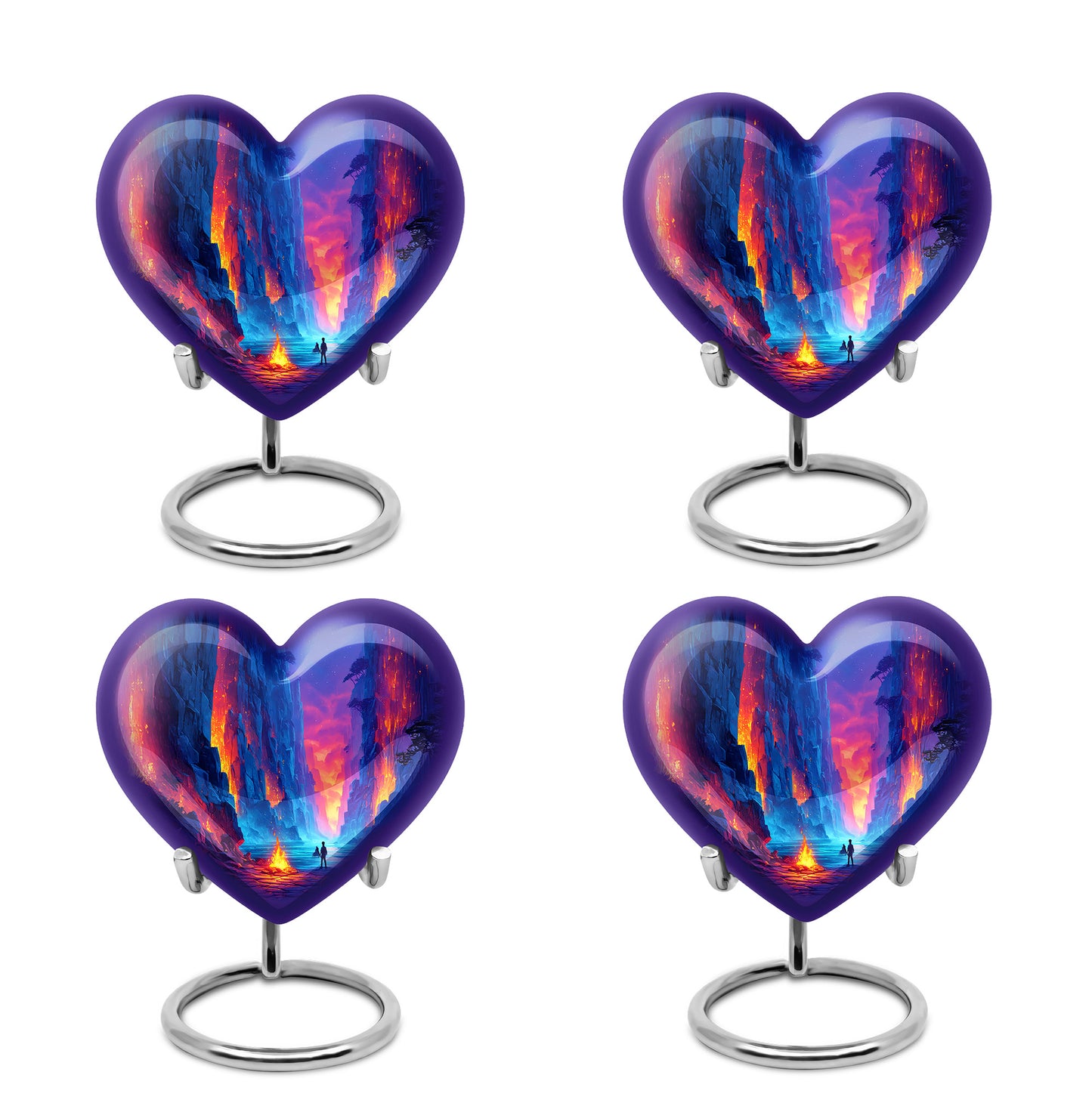 Misty Blue Campfire Cremation Urn angled view of lid and engraved motif - loving heart memorial featuring campfire pattern - 10 inch aluminum urn for cremated remains